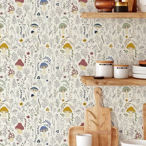 Self-Adhesive Peel and Stick Wallpaper, Dainty Flowers Mushroom Wallpaper, Botanical Wallpaper for Indoor Spaces, Kitchen Interior Wall Art