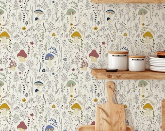 Dainty Flowers Mushroom Wallpaper, Botanical Wallpaper, Self-adhesive Peel & Stick Mushroom Wallpaper, Washable Vinyl Wallpaper for Kitchen