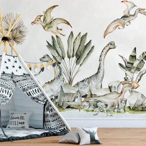 Kids Peel and Stick Wallpaper with Dinosaurs, Dino Nursery Wall Mural, Kids Room Wallpaper Self Adhesive, Removable Dinosaur Wall Decals