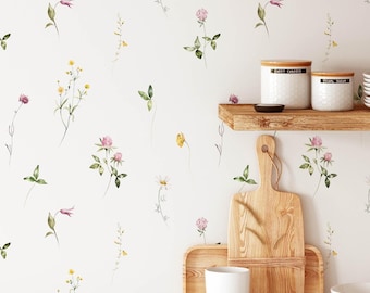 Delicate Wildflower Wallpaper Peel Stick  Minimalist Floral Nursery  Removable Botanical Kitchen Decor