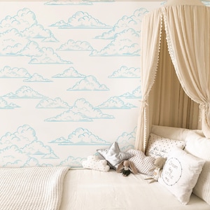 Dream Big Cloud Nursery Wallpaper, Sky Blue Cloud Removable Wallpaper, Peel and Stick Cloud Wallpaper, Nursery Wall Mural for Kids Room