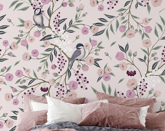 Floral Wallpaper Removable Peel and Stick Vintage Watercolor Pink Botanical Wall Mural for Bedroom, Living Room Decor