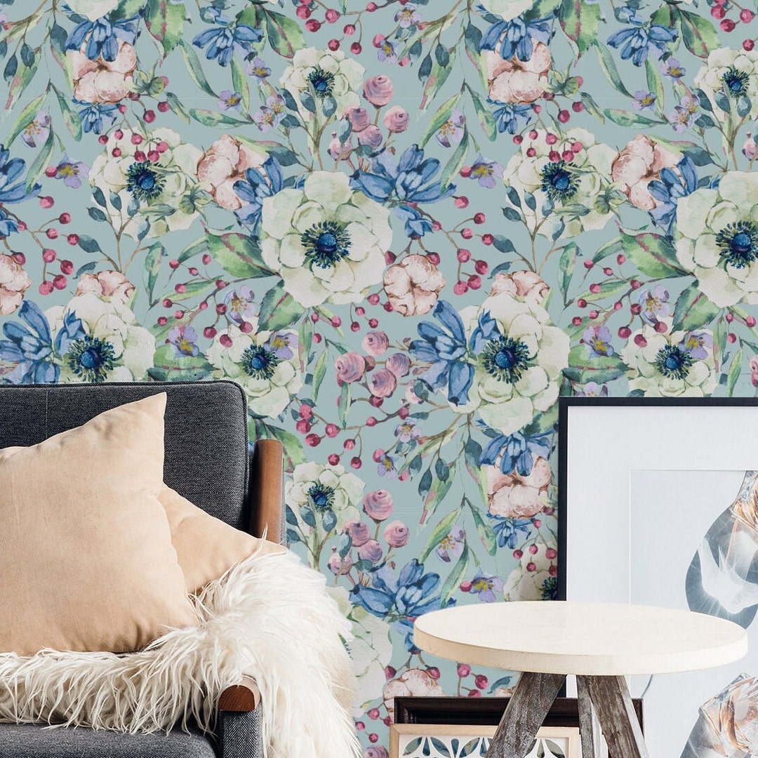 Blue Floral Self Stick Wallpaper, Removable Peel and Stick Wallpaper ...