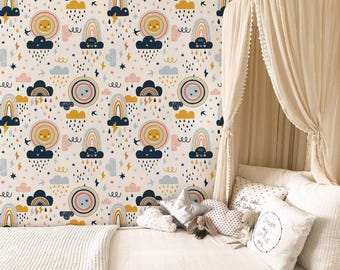 Boho Rainbow Nursery Wallpaper Watercolor Sky Peel and Stick Kids Decor