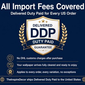 May include: A dark blue graphic featuring a gold shield emblem with the text Delivered DDP Duty Paid Guarantee. The text states All Import Fees Covered, Delivered Duty Paid for Every US Order, and lists details about customs charges and shipping.