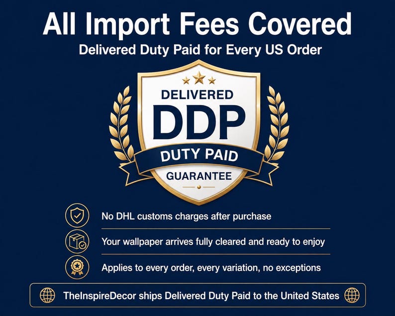 May include: A dark blue graphic featuring a gold shield emblem with the text Delivered DDP Duty Paid Guarantee. The text states All Import Fees Covered, Delivered Duty Paid for Every US Order, and lists details about customs charges and shipping.
