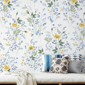 Summer Meadow Floral Wallpaper Yellow Blue Watercolor Mural Daisy Sunflower Nursery Peel and Stick