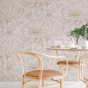 Beige Abstract Floral Wallpaper, Geometric Flower Abstract Wallpaper, Botanical Wallpaper, Removable Wallpaper, Nursery Bloom Wall Mural
