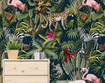 Tropical Wallpaper in Peel and Stick Featuring Flamingo Leopard and Jungle Foliage Removable Accent Wall Decor for Living Room