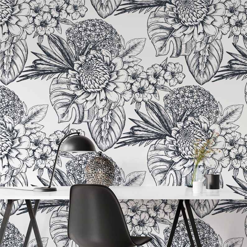 Black - White Flower Sketch Wallpaper Mural | Peel and Stick Botanical ...