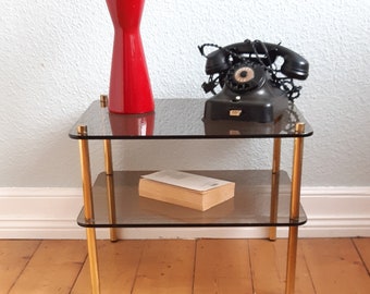 VINTAGE BRASS Side Table Smoked Glass Serving Table Mid Century 60s 70s
