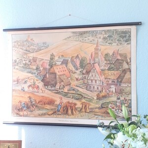 SCHULWANDKARTE  MITTELALTERLICHES BAUERNLEBEN Lehrkarte True Vintage 50er