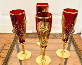 Original Venetian Murano Tre Fuocchi Set of Four. Enamelled With