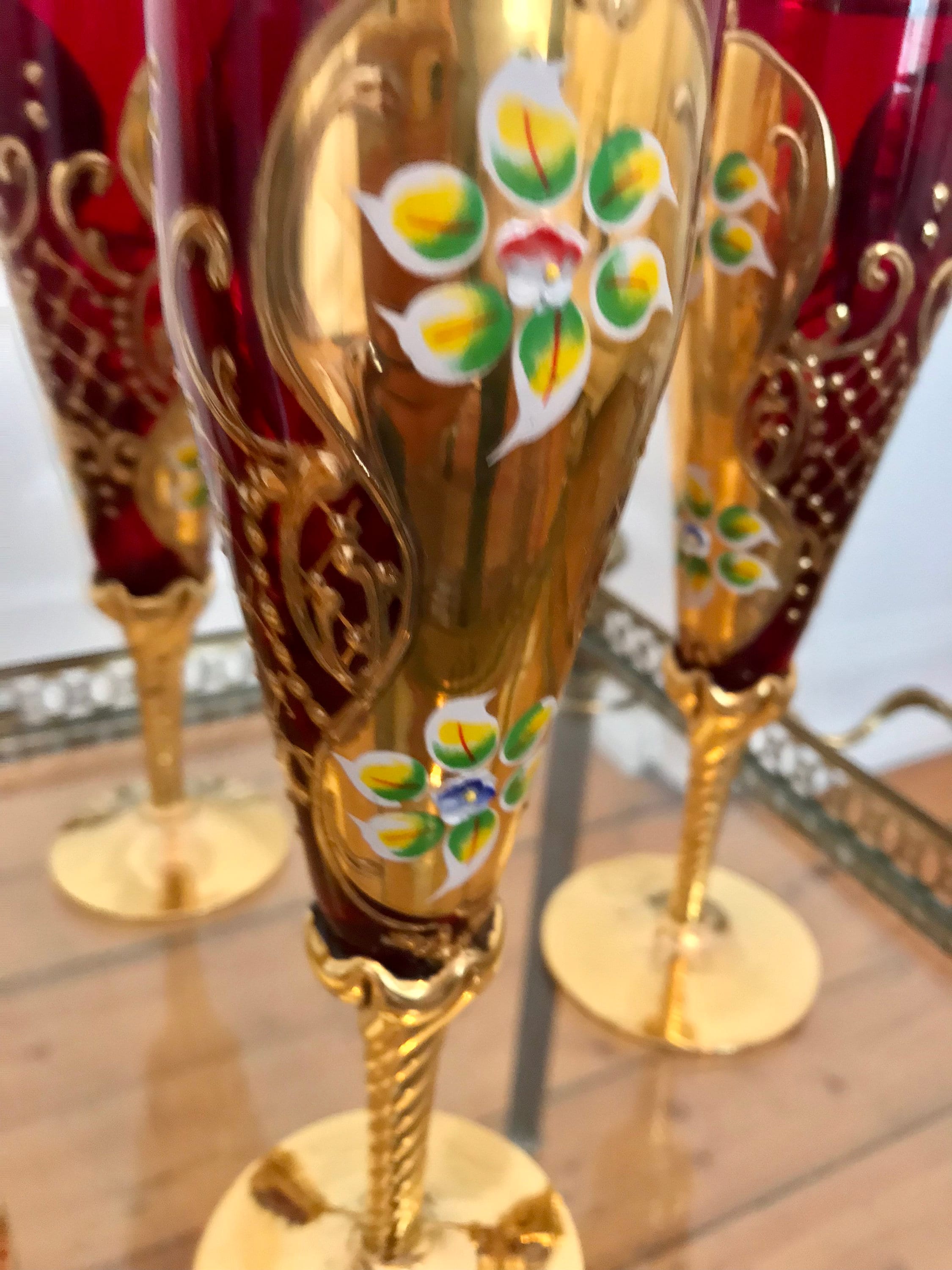 Original Venetian Murano Tre Fuocchi Set of Four. Enamelled With