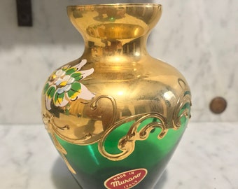 Original Venetian Murano Tre Fuocchi vase, 24K gold leaf enameled on emerald green glass.