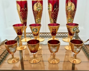 Original Venetian Murano Tre Fuocchi 12-piece Glass Set. 24K