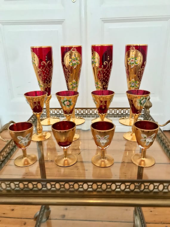 Original Venetian Murano Tre Fuocchi 12-piece Glass Set. 24K Gold