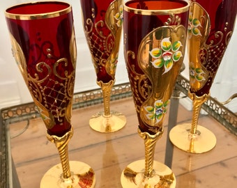Original Venetian Murano Tre Fuocchi Set of 4. 24K Gold Leaf
