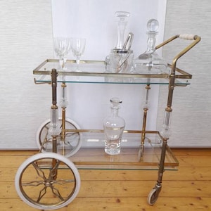 Art Deco BARCART - SERVEERCART - Theewagen vintage uniek messing & Boheems kristal. Erg aantrekkelijk!