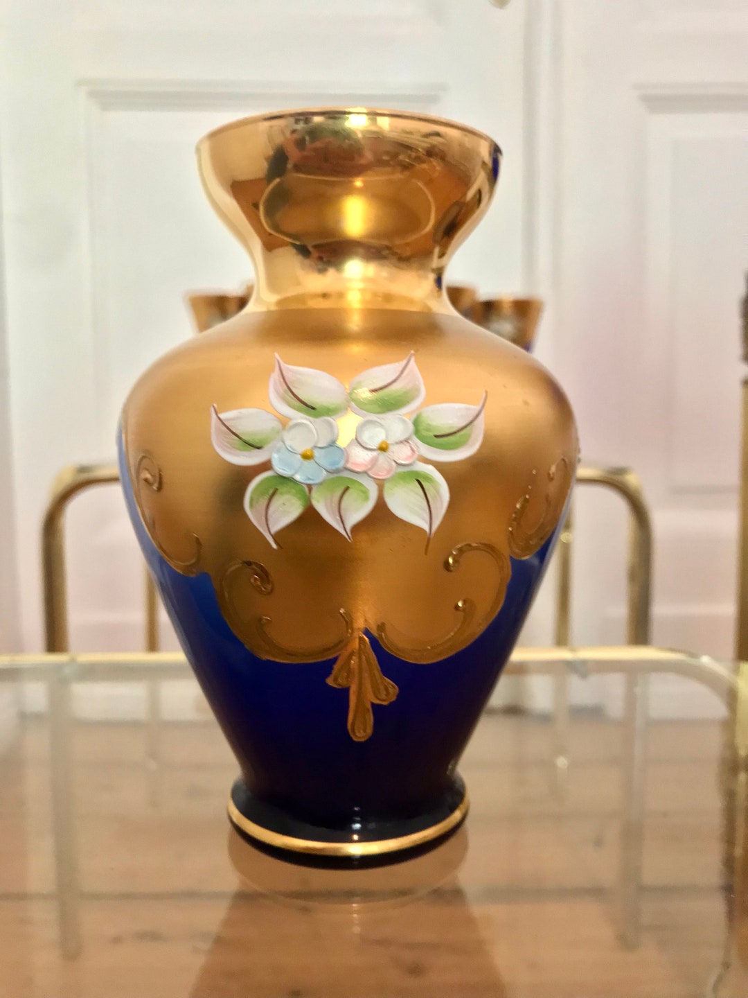 ベネチアングラス ビンテージ色付き花瓶とキャンドルスタンド2本