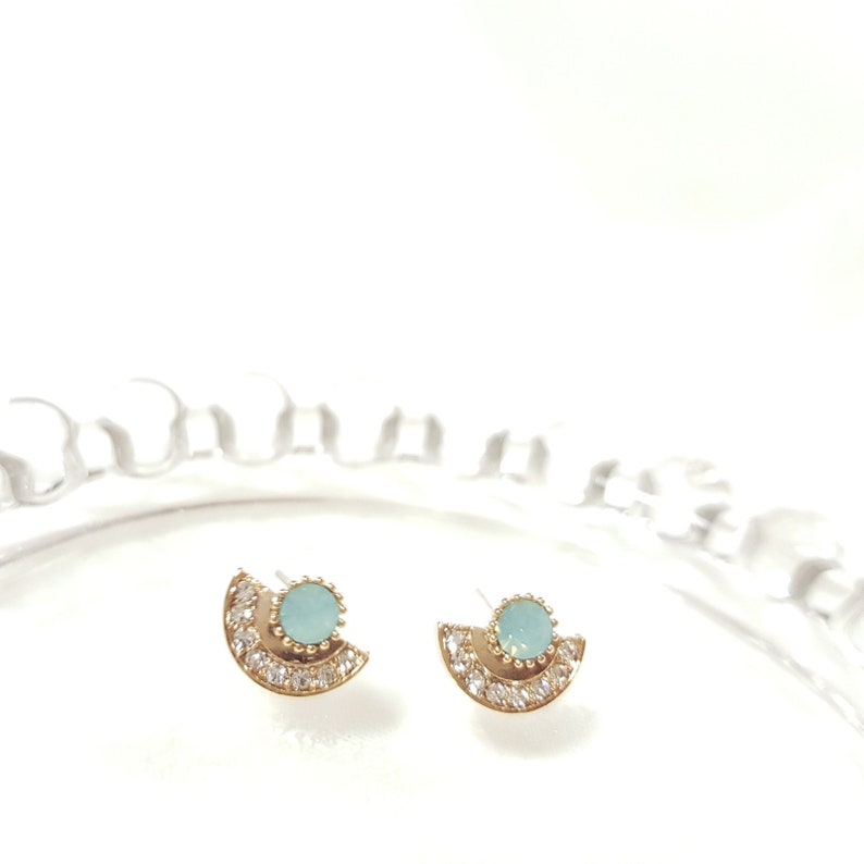 Antique Earrings Unique Earrings mint Korean Earrings Silver Post Cubic Stud feminine Earrings Dainty Earrings half moon earring
