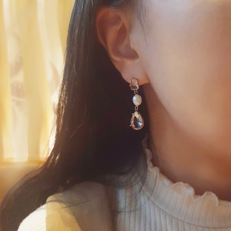 Pearl Drop Earrings Teardrop Cubic Earrings Korean Earrings kpop jewelry Bridal Dangle Bridal Jewelry Pearl Gift Transparent crystal