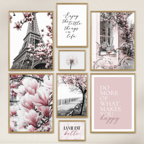 Poster Set / Spring in Paris / 8 Premium Wandbilder / rosa, Coco, Eifelturm / Wohnzimmer, Schlafzimmer Deko / Rahmen optional / ARTFAVES®