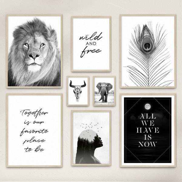 Poster Set / WILDLIFE / 8 Premium Wandbilder / natur, schwarz.weiss, Löwe / Wohnzimmer, Schlafzimmer Deko / Rahmen optional / ARTFAVES®