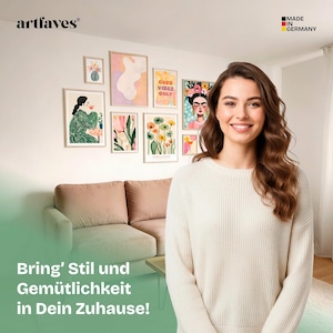 May include: A collection of framed art prints in various sizes and styles, including floral, abstract, and portrait designs, displayed on a white wall. The prints feature a range of colors and artistic styles, creating a gallery wall aesthetic. The image also includes the text "GOOD VIBES ONLY".