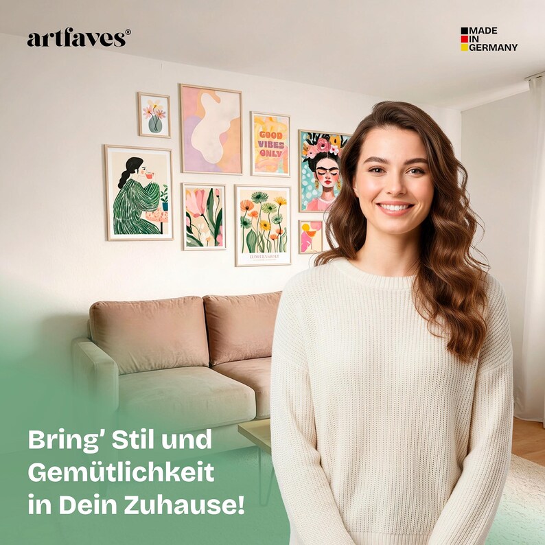 May include: A collection of framed art prints in various sizes and styles, including floral, abstract, and portrait designs, displayed on a white wall. The prints feature a range of colors and artistic styles, creating a gallery wall aesthetic. The image also includes the text "GOOD VIBES ONLY".