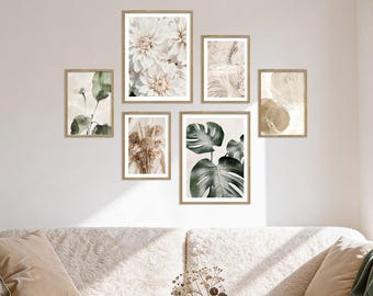 Poster Set - Beige Green Calmness, multi-panel picture wall, Monstera wall art, living room decor pictures, by ARTFAVES®