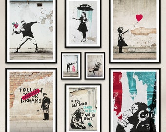 Poster Set - Banksy Street Art / 8 Premium Wandbilder für Wohnzimmer, Schlafzimmer / Banksy Poster / Rahmen optional / ARTFAVES®