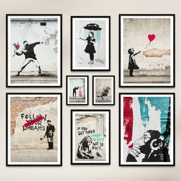 Poster Set - Banksy Street Art / 8 Premium Wandbilder für Wohnzimmer, Schlafzimmer / Banksy Poster / Rahmen optional / ARTFAVES®