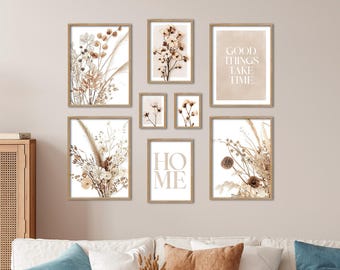 Poster Set - Beige Dried Flowers, Multi-Panel Gallery, Dried Flower Wall Art, Living Room Decor Pictures, by ARTFAVES®