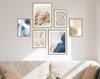 Poster Set - Beige Blue Calmness, multi-panel picture wall, seascape wall art, living room decor pictures, by ARTFAVES®