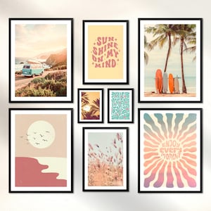 Set di poster - Viaggio estivo - 8 stampe estive di alta qualità - Astratto, Pastello, Vintage, Surf - Decorazione per il soggiorno - Incorniciato / Incorniciato - ARTFAVES®