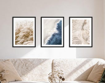 Poster Set - Beige Blue Calmness Trio, multi-panel picture wall, elegant wall art, living room decor pictures, by ARTFAVES®