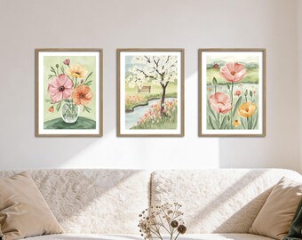 Poster Set - Flower Time Trio, multi-panel picture wall, floral wall art, living room decor pictures, by ARTFAVES®