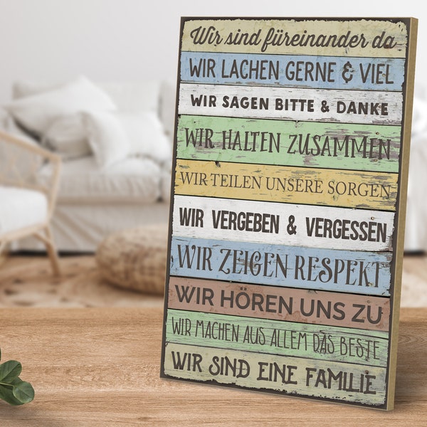 Holzschild mit Spruch - Wir sind füreinander da - Familienregeln - von ARTFAVES®