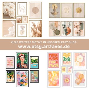 May include: A collection of framed art prints in various sizes and styles. The prints feature floral, abstract, and inspirational designs, with text like "LOVE", "GOOD VIBES ONLY", and "MORE AMOR POR FAVOR". The color palette includes beige, gold, and pastel hues.