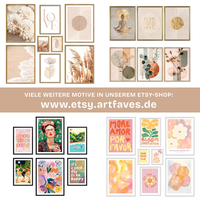 May include: A collection of framed art prints in various sizes and styles. The prints feature floral, abstract, and inspirational designs, with text like "LOVE", "GOOD VIBES ONLY", and "MORE AMOR POR FAVOR". The color palette includes beige, gold, and pastel hues.