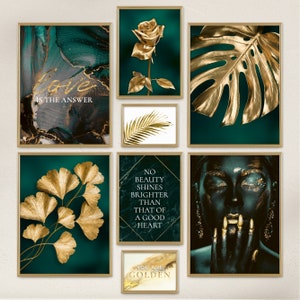 Poster Set - Golden Leaves / 8 premium wall pictures for living room, bedroom / gold, turquoise, monstera / frame optional / ARTFAVES®