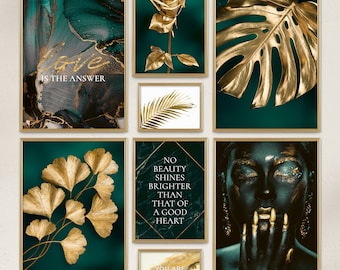 Poster Set - Golden Leaves / 8 Premium Wandbilder für Wohnzimmer, Schlafzimmer / Gold, türkis, Monstera / Rahmen optional / ARTFAVES®