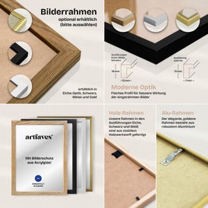 May include: A selection of picture frames in various styles and colors, including wood and aluminum options. The frames are available in oak, white, black, and gold finishes. The image highlights the modern design and acrylic glass protection.