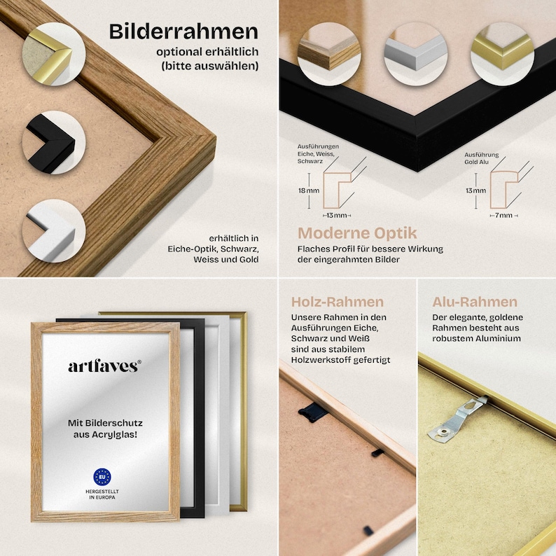May include: A selection of picture frames in various styles and colors, including wood and aluminum options. The frames are available in oak, white, black, and gold finishes. The image highlights the modern design and acrylic glass protection.