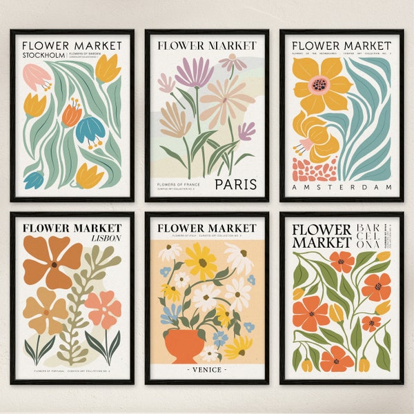 Poster Set - Flower Market / 6 premium wall pictures for living room, bedroom / Illustration flower pictures / Frame optional / ARTFAVES®