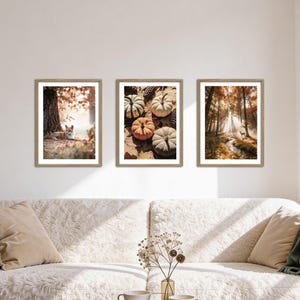 Könnte beinhalten: Drei gerahmte Kunstdrucke mit Herbstmotiven. Einer zeigt einen Fuchs in der Nähe eines Baumes, ein anderer zeigt Kürbisse und Tannenzapfen, und der dritte zeigt eine Waldszene mit Sonnenlicht. Die Rahmen sind hellbraun.