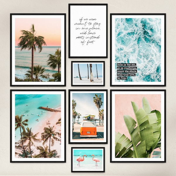 Poster Set - SUMMER VIBES / 8 Premium Wandbilder für Wohnzimmer, Schlafzimmer / Strand, Meer, Palmen, blau / Rahmen optional / ARTFAVES®