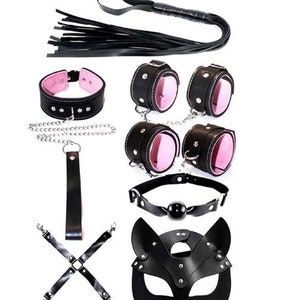  Bondage Handcuffs and Ankle Cuff Restraints for Sex Ball Gag  Whip/Flogger Collar Leather Woman Adult Toy Sexy Kink Set : Health &  Household