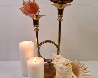 Vintage brass French horn double candle holder.